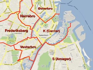 Map of Copenhagen with neighborhoods outlined